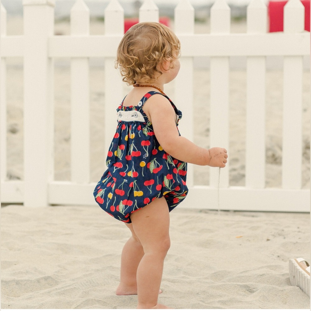 EUC Pink Chicken Baby Girls Renata Bubble Romper (Navy, Cherries, 6/12 Months)